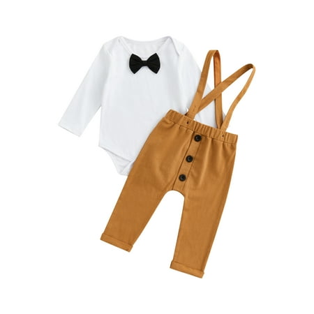 

Thaisu Newborn Boys Bodysuit Set Long Sleeve Round Neck Bow-Tie Decor Triangle Romper + Buttons Decor Suspender Trousers