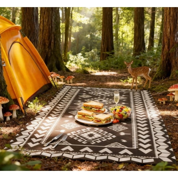 9' x 18' Black & White Rhombus Patchwork Reversible Outdoor Rug, Waterproof Patio Camping Mat with Carry Bag, Foldable Portable Indoor Outdoor RV Carpet