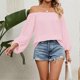 thumbnail image 2 of Women Off Shoulder Top Long Sleeves Elastic Neckline Pure Color Casual T Shirt for Daily Wear Pink M, 2 of 4