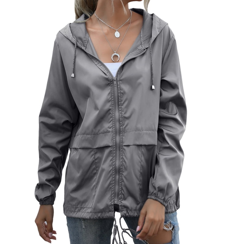 Hooded Jacket Women Fall Solid Rain Jacket Outdoor Raincoat Windproof Casual Loose Lightweight Drawstring Coat 