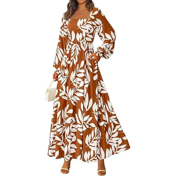 RETTYGARDEN Women Floral Maxi Dresses Fall Long Sleeve Square Neck Boho A Line Wedding Guest Casual Flowy Long Dress