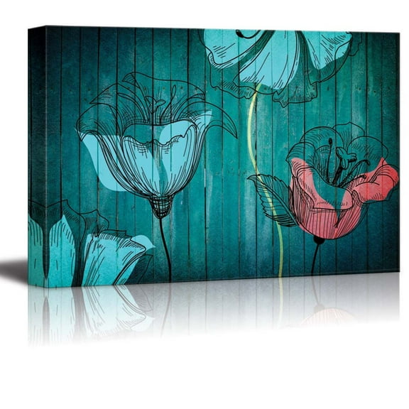 wall26 - Illustration of Blue and Pink Flowers Over Teal Wooden Panels - Canvas Art Home Art - 12x18 inches