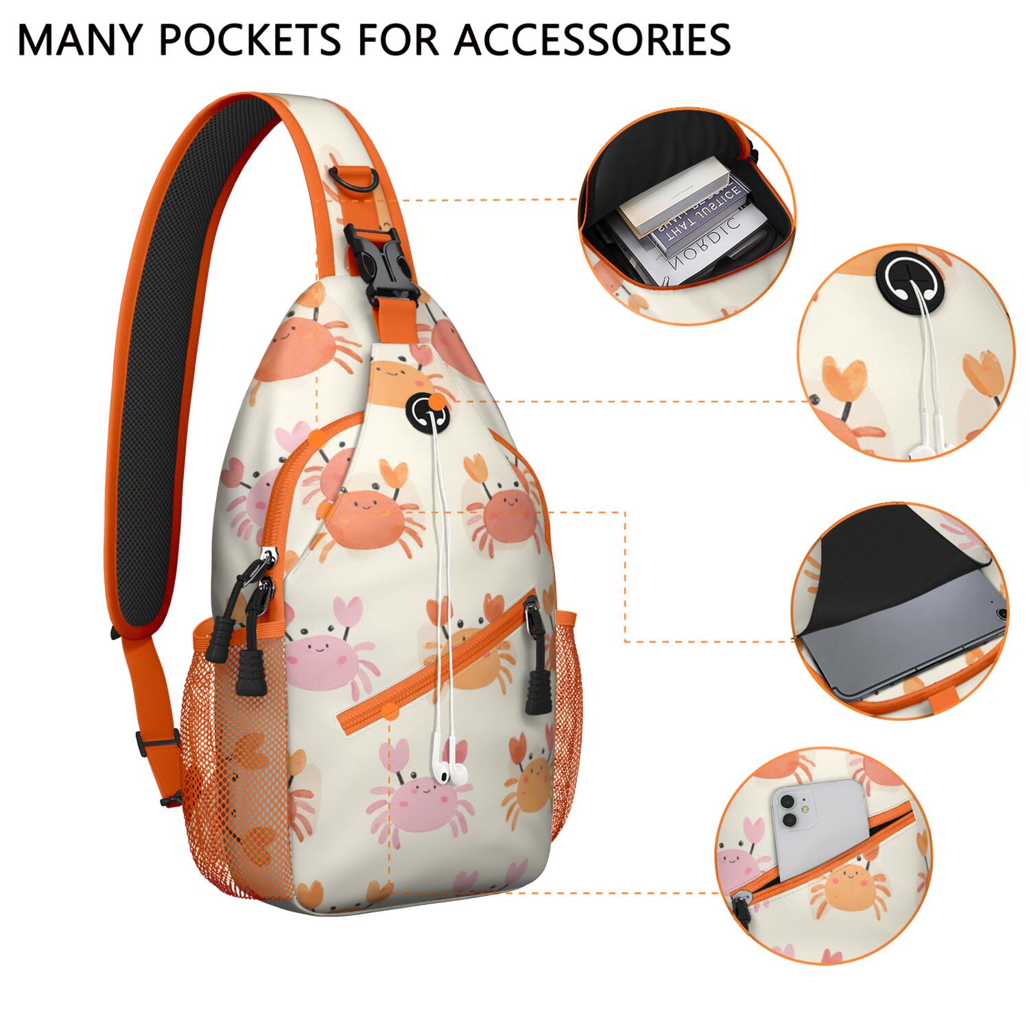 Marine Crab Sling Bag for Women Men Hiking Sling Backpack Sling Backpack for Outdoor Activities Gym Hiking Sling Pack Gym Sports Travel Hiking Daypack