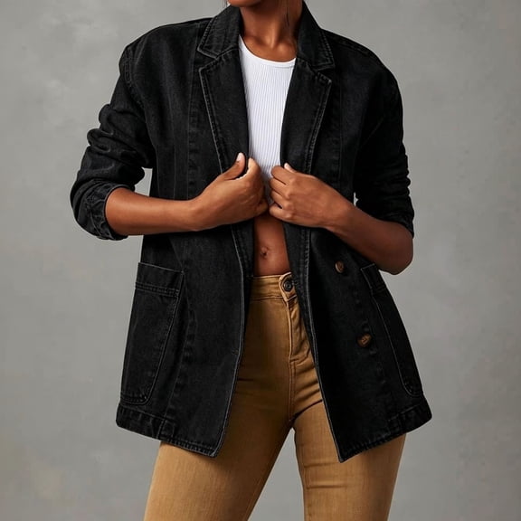 Vxararl Women's Notched Lapel Denim Blazer Long Sleeve Slim Jean Jacket with Pockets Button Down Casual Jean Cotton Coat for Party Office Oversized Blazers for Women Black XL