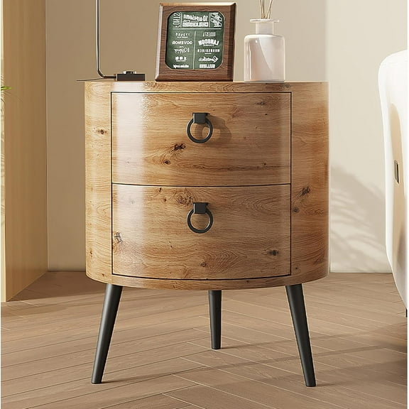 Garvee Round Side Table with Drawers Modern Night Stand with Storage Wooden Accent End Table Circle Bedside Table with Metal Legs for Living Room, Bedroom (Natural)