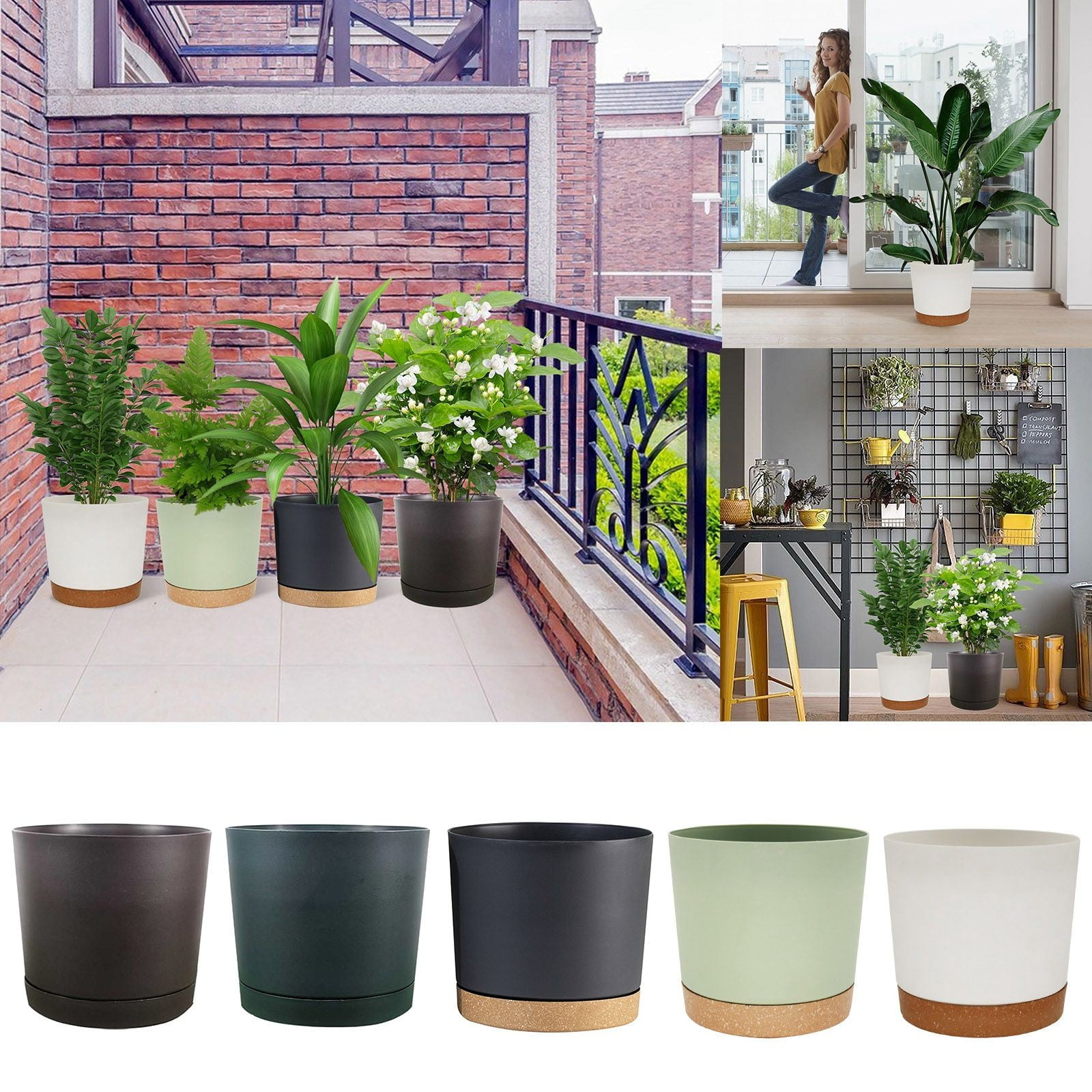 10" Plastic Flower Pots With Drainage Holes And Tray Thickened Round Planter For Indoor Outdoor Plants(Brown-)