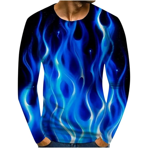 Odeerbi 2025 Long Sleeve Graphic T-Shirts for Men Round Neck Printing T-Shirt Blouse Blue