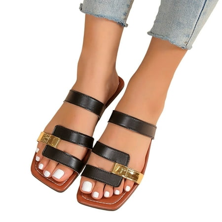 

ZIZOCWA 2023 New Women S Shoes Summer Flat Casual Flip Flops Shallow Female Slides Rome Open-Toe Slippers Women Slingback Sandals Black Size7.5