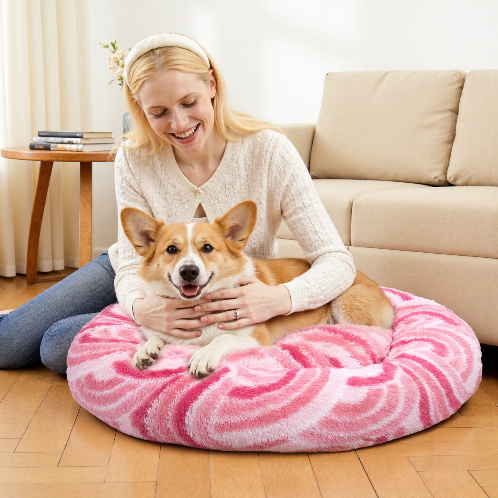 Vaukki 30"Dog Bed with Non Slip Bottom,Soft Warm Faux Fur Pet Bed,Comfortable Donut Round Plush Dog and Cats Beds,Pink