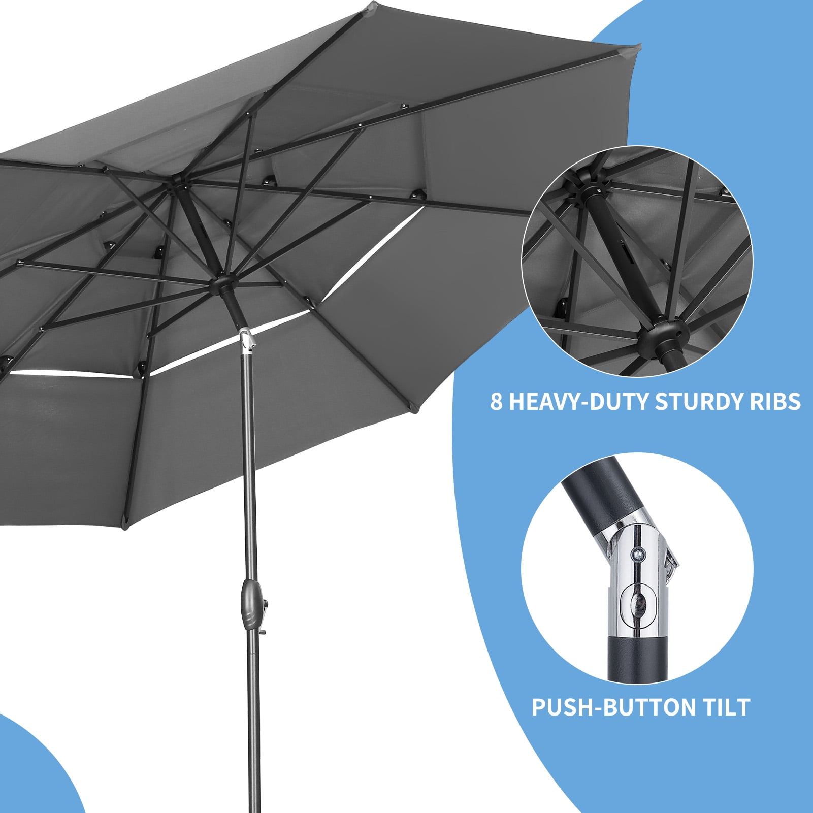 Ainfox 10ft Patio Umbrella 3 Tiers,Outdoor Table Market Umbrella w/Tilt Adjustment and Crank for Garden,Deck,Beach,Backyard,Pool,Grey