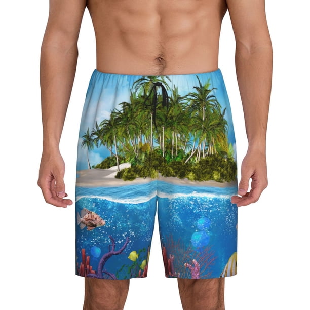 Balery Island And Coral Reef Pantalones cortos de pijama de punto de algodón para hombre con cinturilla y bolsillos-Medium