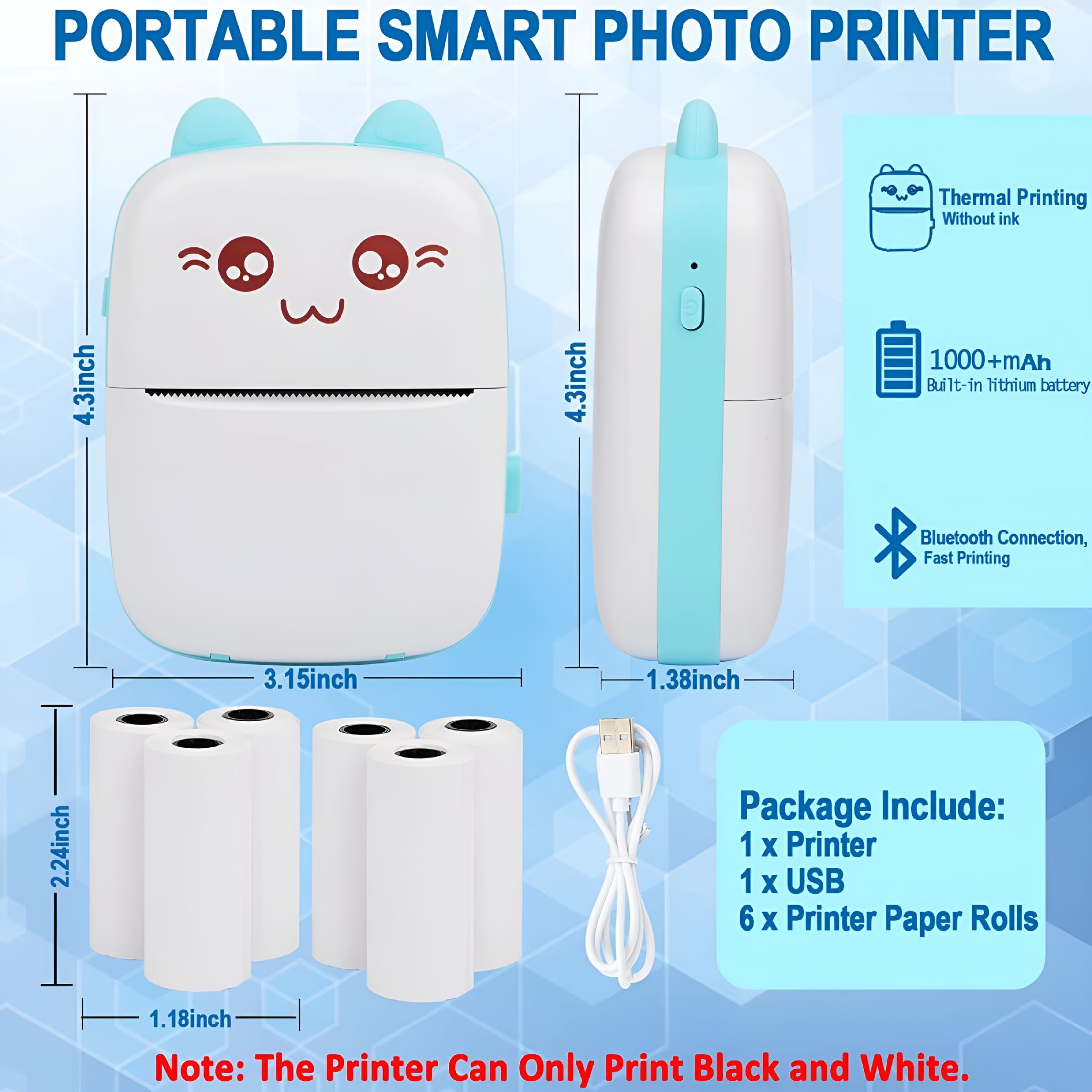 GJX Portable Mini Photo Printer, with 6 Rolls Thermal Paper, Blue