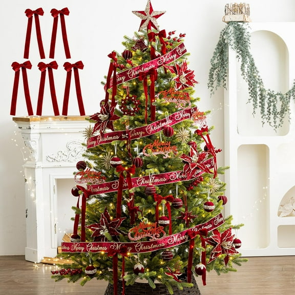 HomeKingdee 5Pcs Christmas Bows Double Layer Burgundy Flannel Bows - Christmas Tree & Home Decorative Bow Pendants for Holiday Parties