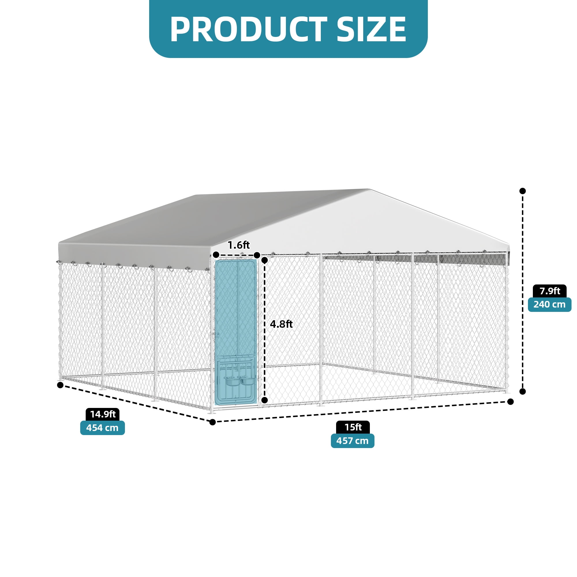 ModFusion 14.8×14.8×7.9FT Heavy Duty Outdoor Dog Kennel, Rotating Feeder Bowls & UV-Resistant Waterproof Cover, Yard Dog Enclosure for Medium Large Dogs