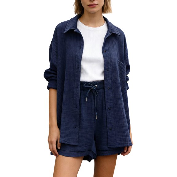 2 Piece Sets for Women Shorts Womens Short Set Summer Sets Women Solid Spring Long Sleeve Shirt High Waist Drawstring Shorts Fashion Summer Outfits