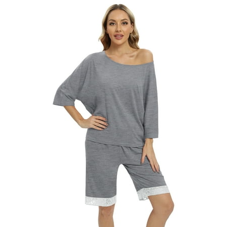 

Women s Soft Pajama Loungewear Set Lace Patchwork Sleepwear 3/4 Sleeve Crewneck Nightshirt with Shorts 2 Piece Soft Cozy Loungewear PJs Set S-XXL