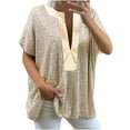 thumbnail image 1 of Blusa UMfun para mujer, tallas grandes, sexy, de manga corta, con lentejuelas, holgada, lisa, con cuello en V, color dorado, talla XL, 1 of 4