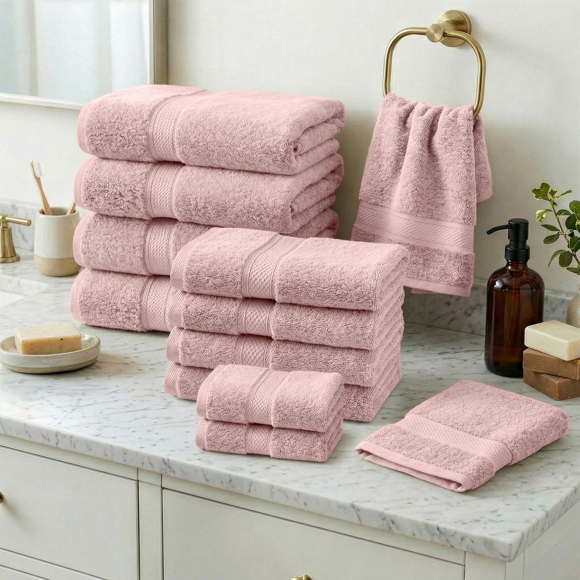 Superior Madeline Egyptian Cotton Ultra-Plush 12-Piece Towel Set, Tea Rose