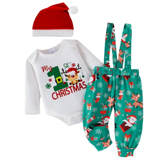 ENFLASH Newborn Baby Boy Christmas Outfit My 1st Christmas Romper Long Suspender Pants Xmas Hat Fall Winter Clothes