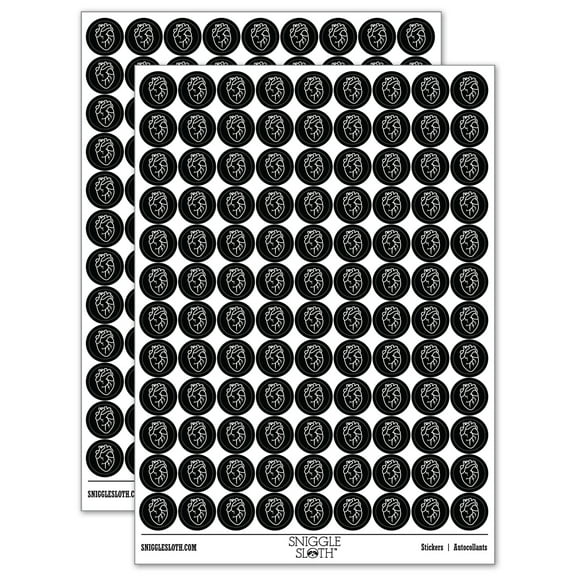 Realistic Human Heart 200  Round Stickers - Black - Gloss Finish - 0.50" Size