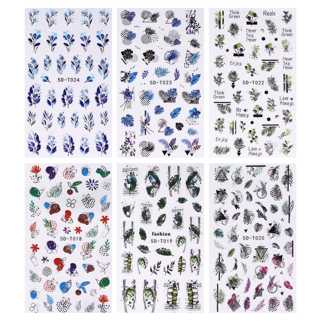 Pegatinas de uñas de flores en relieve 5D para uñas acrílicas, 6 hojas de pegatinas de uñas de flores grabadas para mujeres, 10,5*6,8 CM