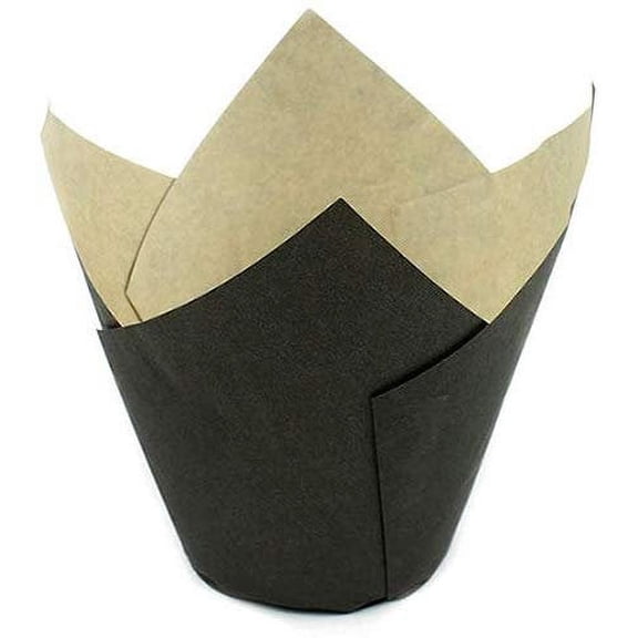 Novacart 160/50 Elite Grease-Proof Tulip Cup 2" Base Diameter x 2.13" High to 3.5" High, with Ecru Interior and Black Exterior - Pack of 200