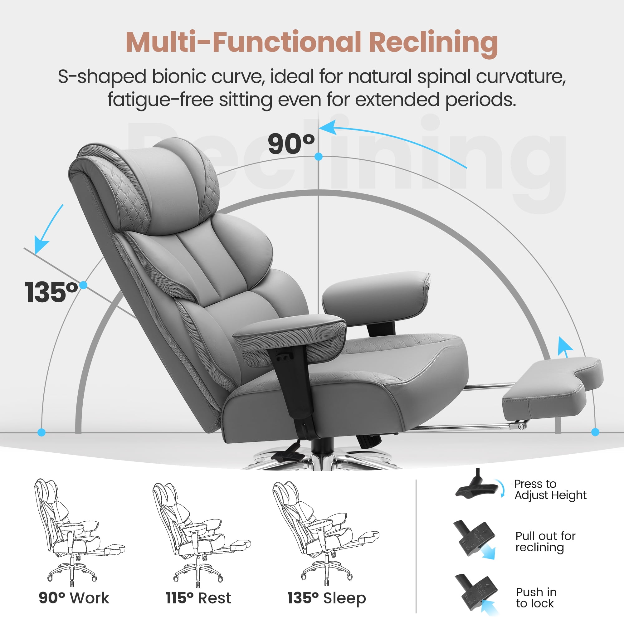 FASTES Office Chair, Big and Tall Desk Chairs with Footrest 400lbs Gaming Chair Ergonomic Executive High-Back Reclining Computer Chair Swivel Wheels and Padded Lumbar Support, Gray