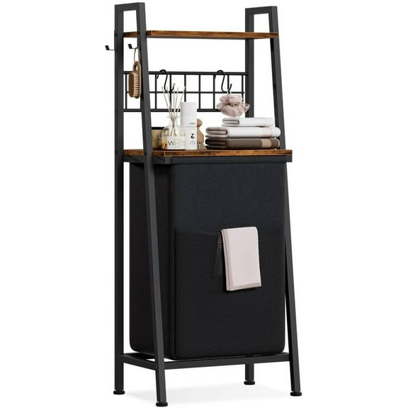 Laundry Hamper, Vertical Laundry Basket with 2 Tiers Wooden Shelf and Hooks, Clothes Hamper with Pull-Out and Removable Bag for Bathroom, Bedroom, Dorm, 13.21 Gallons (50L)