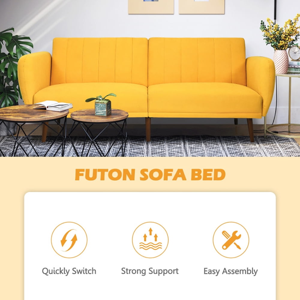 Finihen Convertible Futon Sofa Bed, Modern Convertible Sleeper Couch, Adjustable Couch Sleeper with Wood Legs, for Studio, Apartment, Office, Small Space, Living Room, Bedroom, Yellow