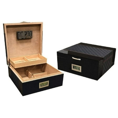 Leather Humidor - Prestige Import Group - Hampton Diamond Stitch Leather & Lacquer Finish Cigar Humidor - Capacity: Up to 200 - Color: Black