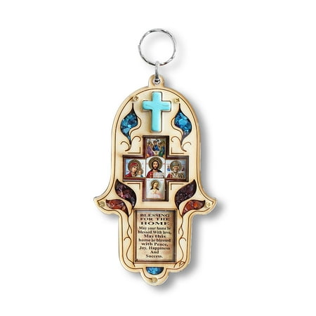 Hanging Christian Cross Crucifix Icon Wall Decor - Hamsa Blessing for Home with Simulated Gemstones