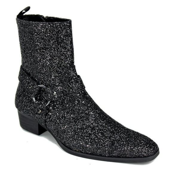 OSSTONE Dress Boots Glitter Chukka Boots for Men Zipper-up Leather Casual Heel Shoes JY015-Glitter-Black-7 Glitter Black