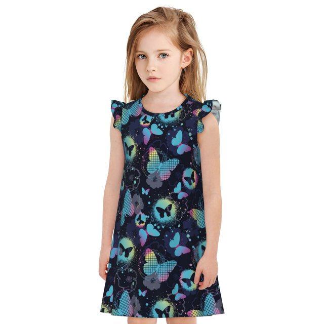 Fotbe Blue Butterfly Vestido de Dormir para Niñas de 3 a 10 Años, Mangas Cortas, Estilo Princesa, Pijama Camisón con Mangas Voladas-Medium