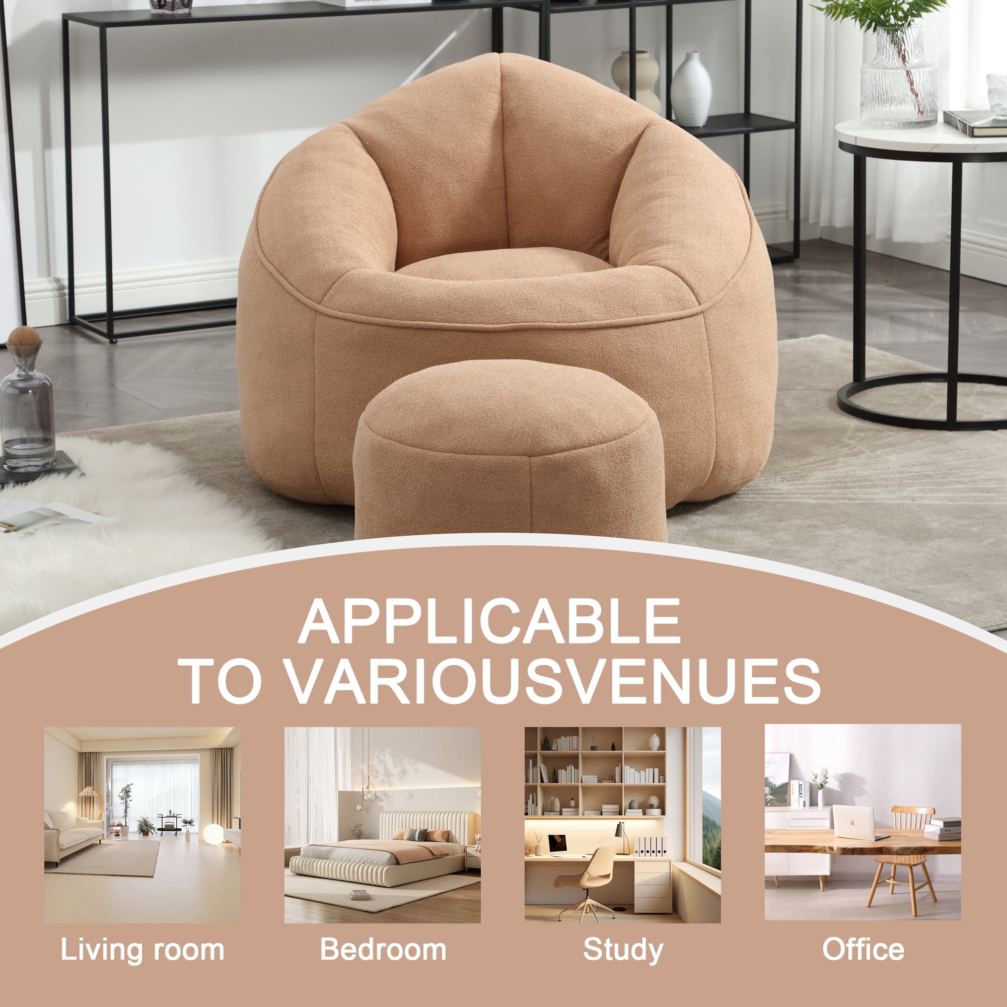 MOONMISS Microfiber Upholstered High Pressure Foam Round Lazy Bean Bag Sofa Chair with Ottoman-Tan