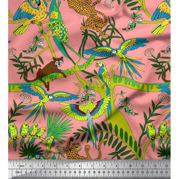 Soimoi Japan Crepe Satin Fabric Branches,Parrot & Leopard Jungle Print Sewing Fabric Yard 42 Inch Wide