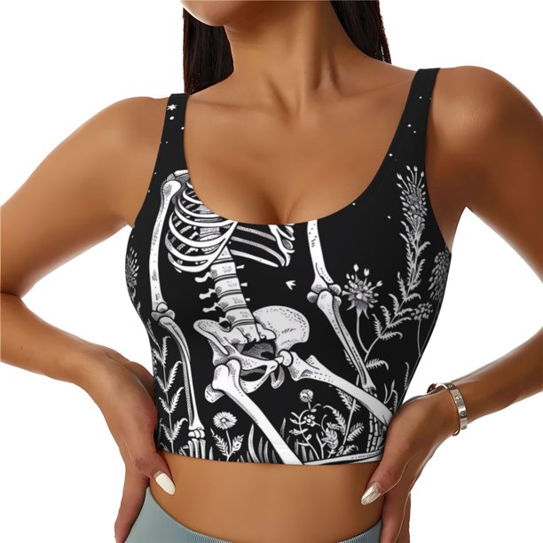 Fotbe Vintage Black white Plant skull Sujetador Deportivo Largo sin Aros para Mujer con Almohadillas y Soporte Medio, Transpirable y Absorbente, Camiseta Tipo Chaleco o Tank Top-Medium