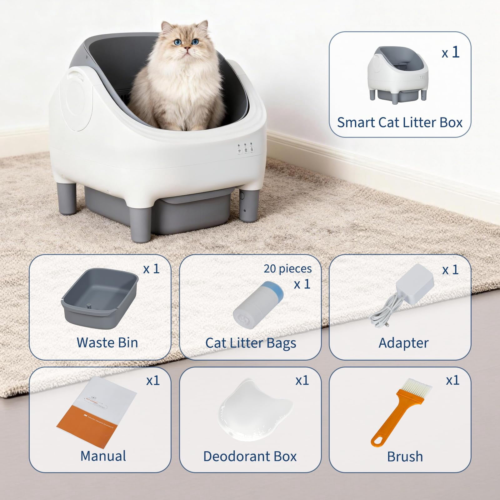 Automatic Self-Cleaning Cat Litter Box with App & 2.4G WiFi – Open-Top, Ultra-Quiet, 10.5L Odor-Free Waste Bin, 7-Layer Safety Sensors, Includes Trash Bags, for Multiple & Large Cats