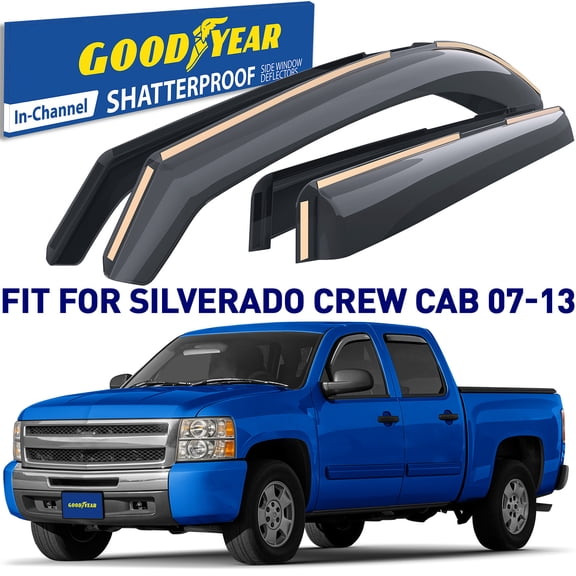 Goodyear Shatterproof in-Channel Window Deflectors for Trucks Chevrolet (Chevy) Silverado/GMC Sierra 2007-2013 Crew Cab, Rain Guards, Window Visors, Vent Deflector, Truck Accessories, 4 pcs.-GY003400