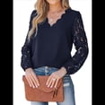 thumbnail image 3 of Blusa Elegante de Encaje para Mujer, Larga, Cuello en V, Ojales, Elegante, para Fiesta, Floral, con Cuello en V Festoneado Azul Marino L, 3 of 9