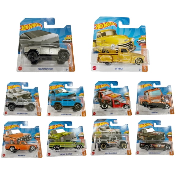 Hot Wheels 10-Pack Hot Trucks - Includes Tesla Cybertruck & '83 Chevy Silverado, 1:64 Scale Die-Cast Vehicles