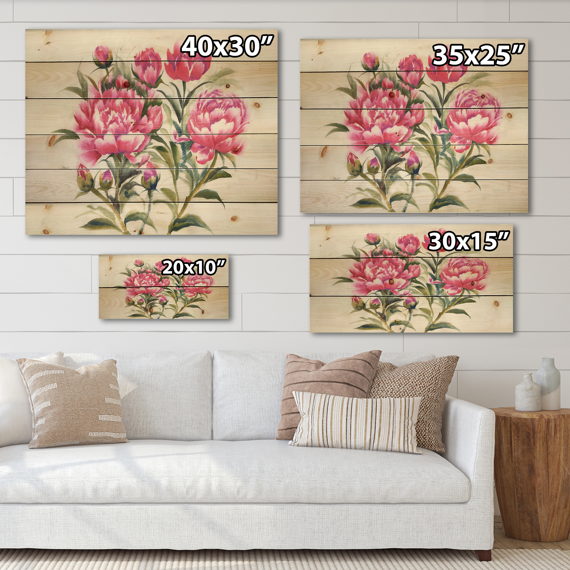 Designart 'Purple Peonies Flowers' Traditional Print on Natural Pine Wood