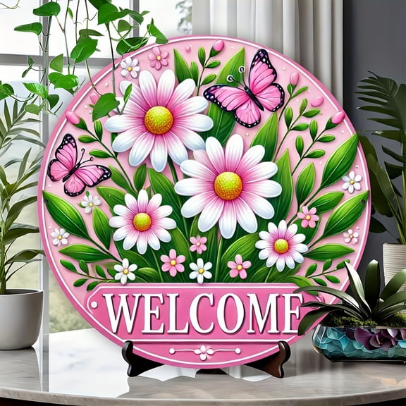 HELLOYOUNG Pink Daisy Butterfly Welcome Sign Round Wooden Door Decor for Home Garden Entrance Rustic Outdoor Wall Art
