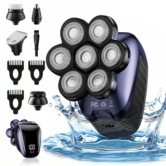 Nogroa Head Shaver Set, 7D Electric Hair Razor for Bald Men, 8-in-1 IPX6 Waterproof Cordless Rechargeable Wet/Dry Clipper Nose Trimmer Grooming Kit with Type C Charge, LED Display