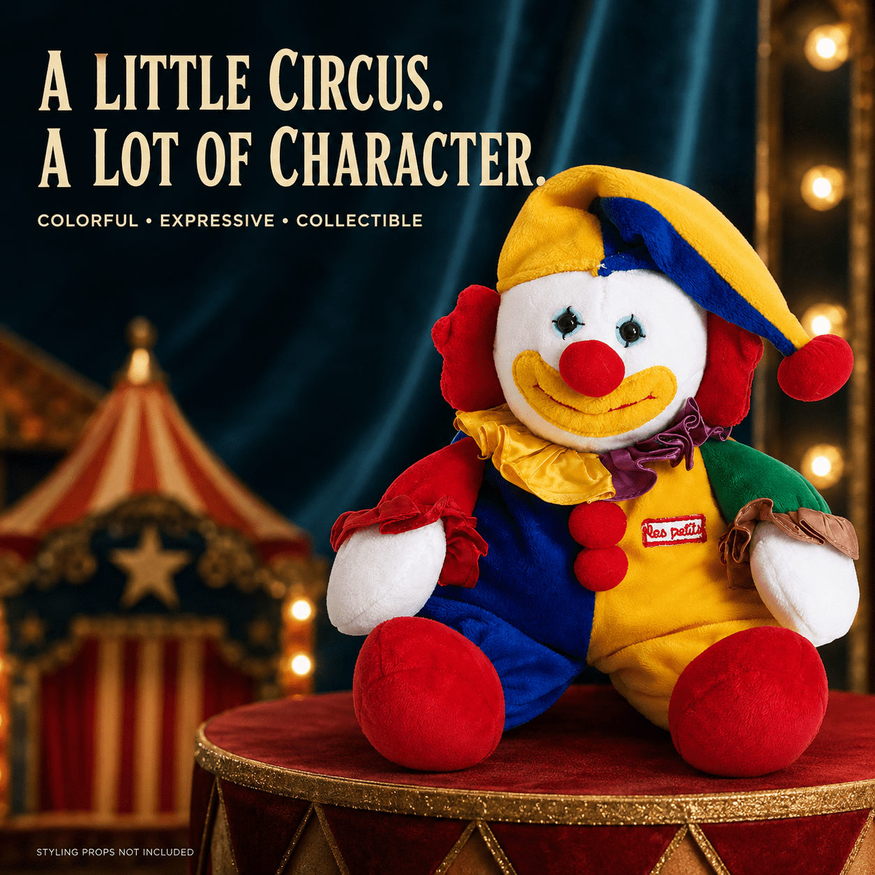 Applause Les Petits Marcel Circus Clown Plush, Multicolor Jester Stuffed Doll with Pom Pom Details and Ruffle Collar for Collectors, Shelf Decor and Gift Giving