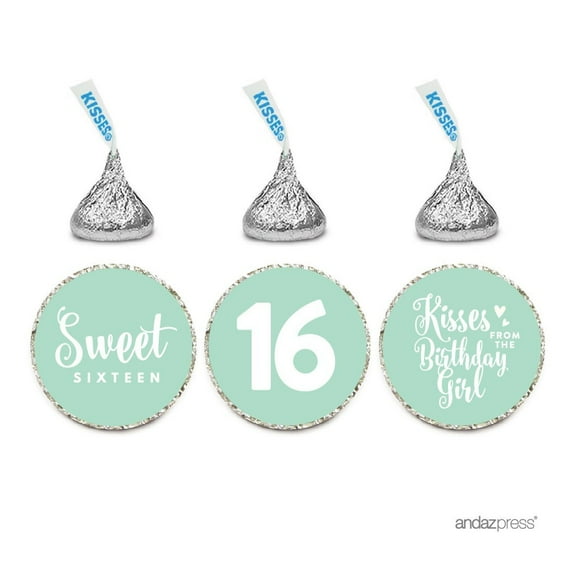 Chocolate Drop Labels Trio, Fits Hershey's Kisses, Sweet 16 Birthday, Mint Green, 216-Pack