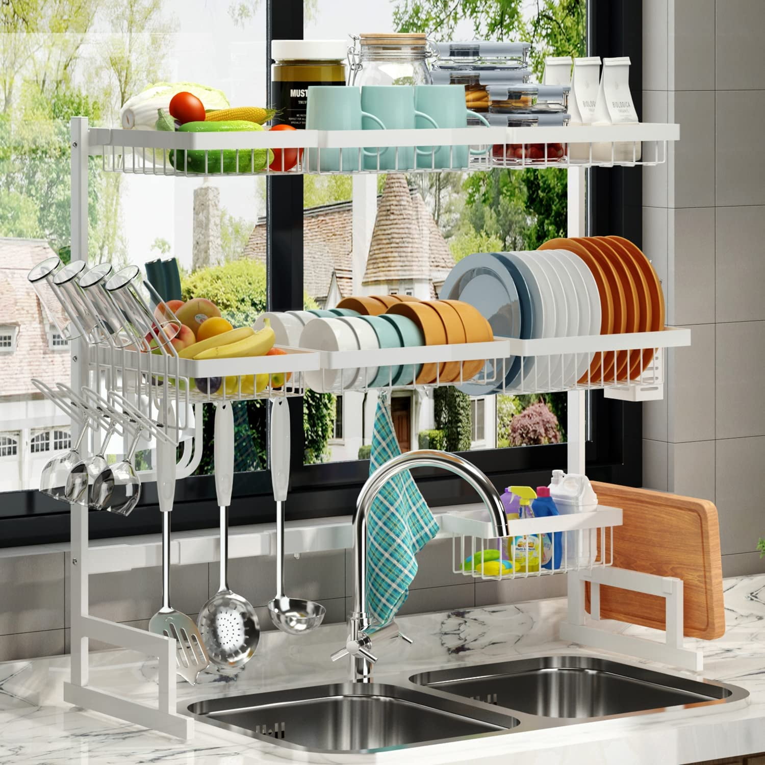 Over Sink Dish Drying Rack (34-45) 3 Tier, 2 Cutlery Holders Adjustable  Dish Drainer for Kitchen Storage Countertop Organization, Stainless Steel  Space Save Shelf (Sink Size≤44inch, Black) 