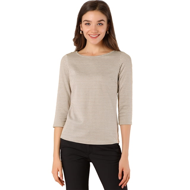 INSPIRE CHIC Blusa Estampado De Pata De Gallo Manga 3/4 Cuello Del Barco Oficina Trabajo Para Mujer Caqui M
