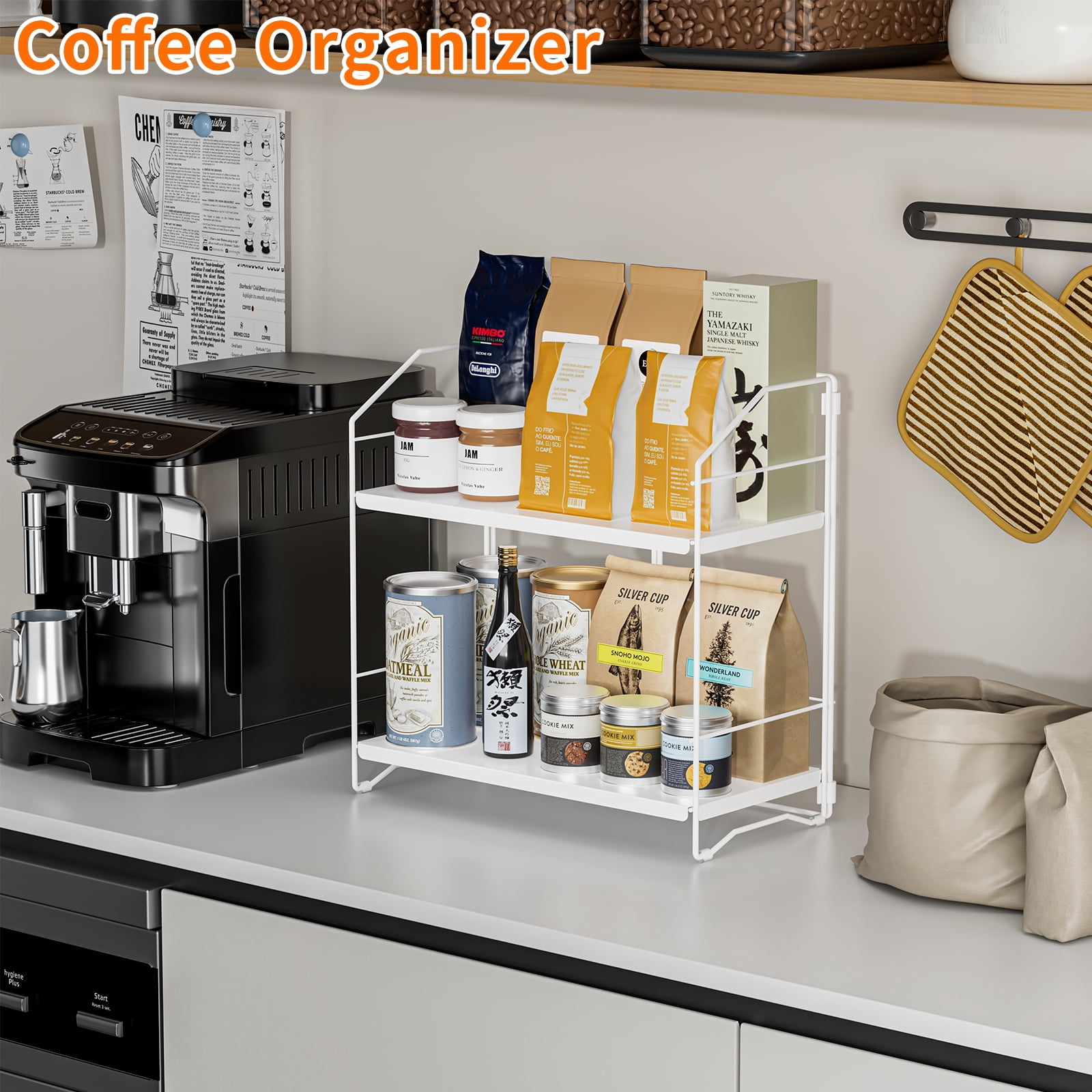 BOIVSHI Bathroom Counter Organizer, 2-Tier Standing Countertop Shelf, Height Adjustable Spice Rack Organizer, Cosmetic Storage Organizer for Bathroom, Desktop, Metal White