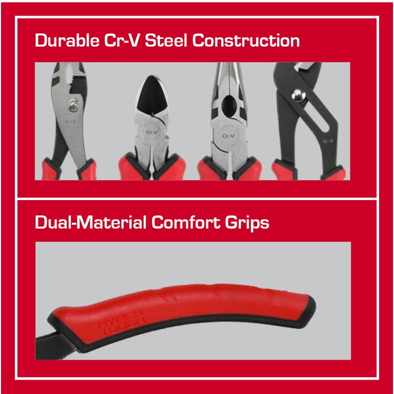 Hyper Tough 4-Piece CR-V Pliers Set with Dual Material Comfort