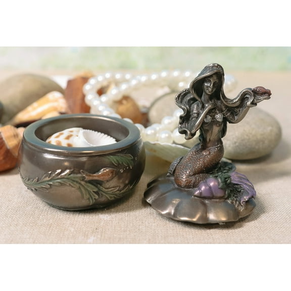 Ebros Mermaid Sitting On Oyster Sea Shell Small Jewelry Decorative Trinket Box